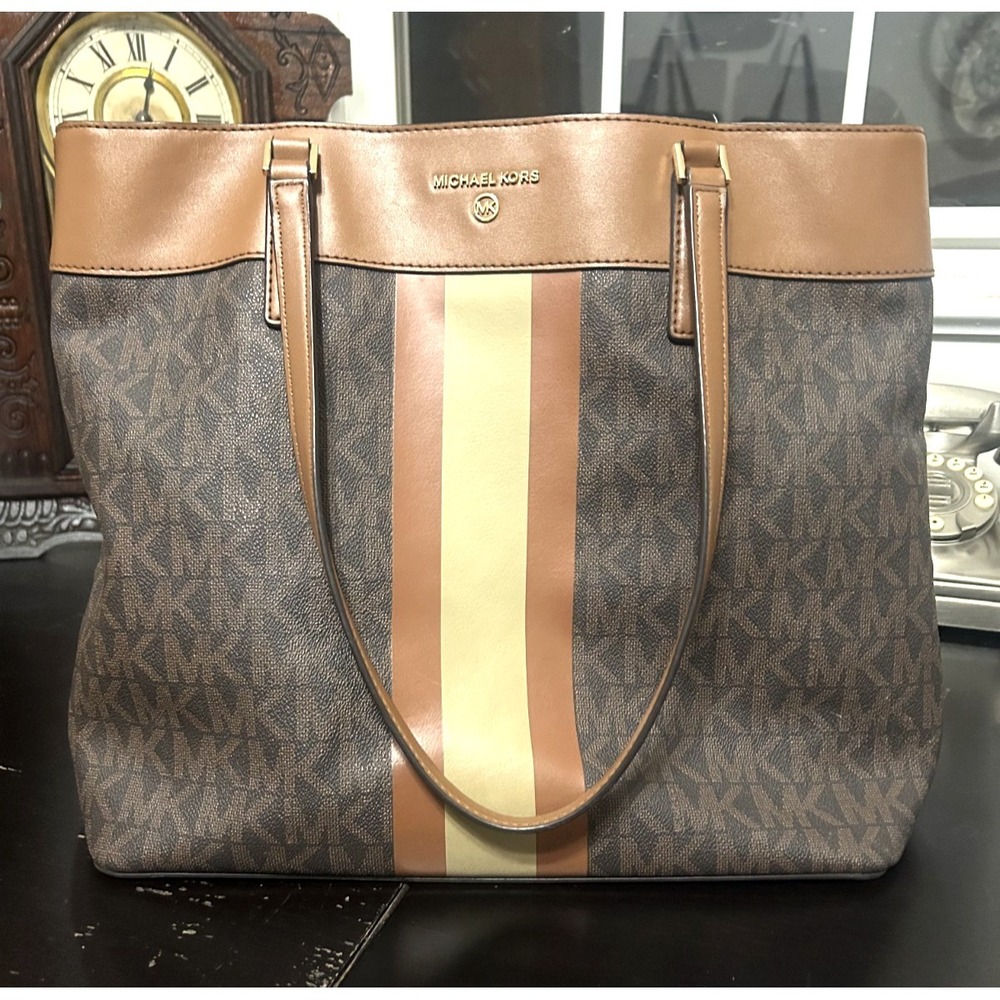 Michael Kors Signature Brown Morgan Tote, Logo Center Stripe, Excellent